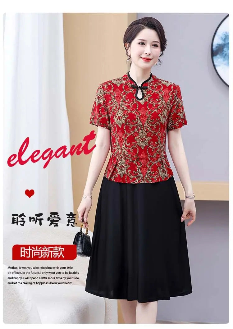 Mom's Summer New Style Cheongsam Elegant and Slimming Middle-aged Women's Wear Fake Two-piece Dress