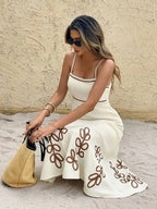 Cream Embroidered Leaf Pattern Spaghetti Strap Midi Dress Summer Casual Beach