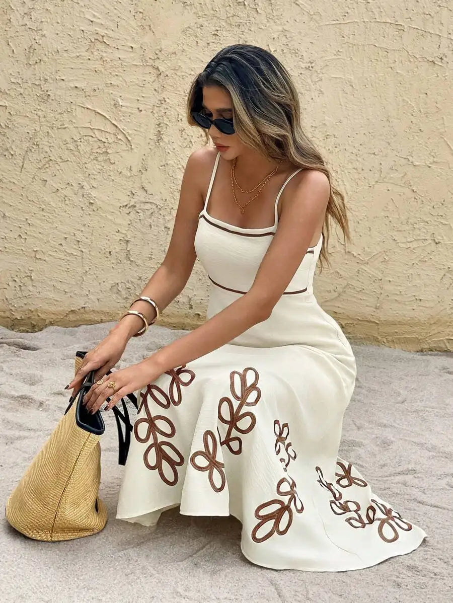 Cream Embroidered Leaf Pattern Spaghetti Strap Midi Dress Summer Casual Beach