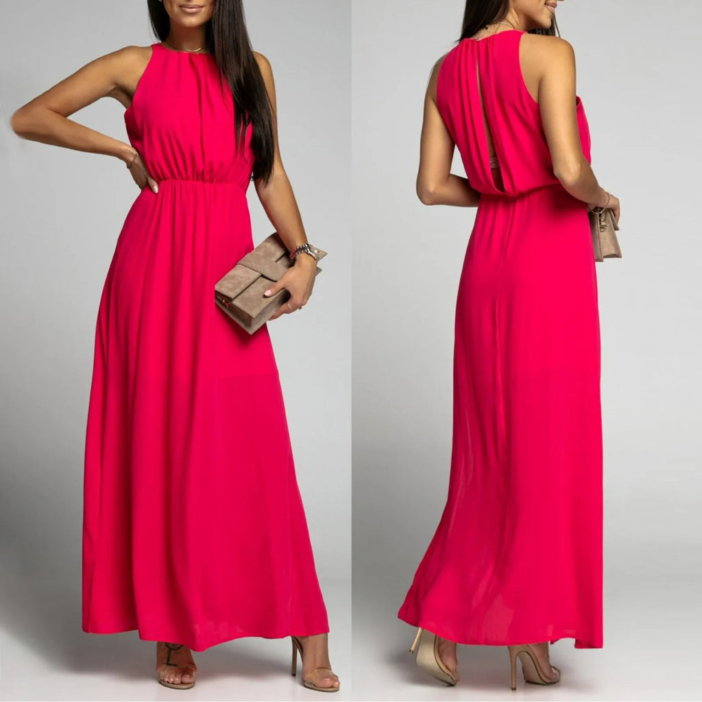 Women's Dressy Casual Long Dress Solid Color Sleeveless High Round Neck Side Slit Full-Length Dress Elegant Simple Party Dress