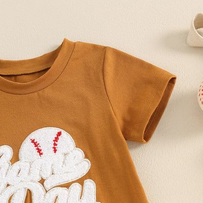 Toddler Boys 2-Piece Outfit Short Sleeve Tee with Fun Embroidery and Matching Baseball Print Shorts for a Stylish Summer Look