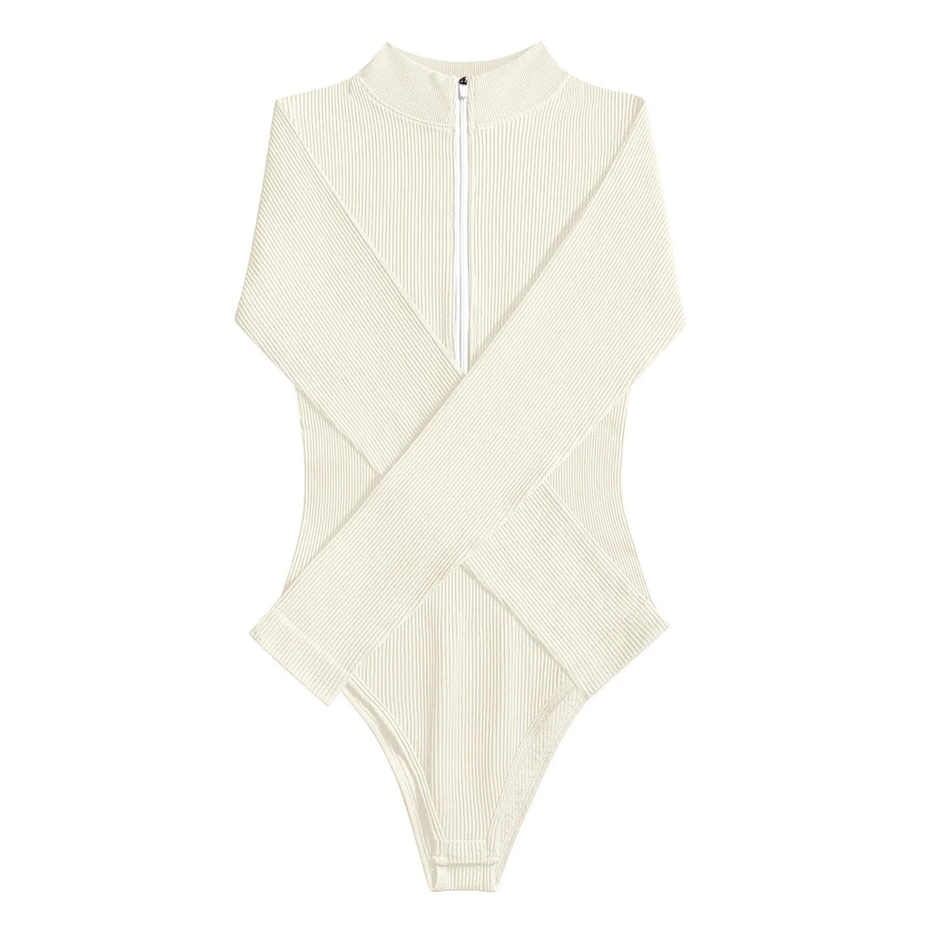 Women Ribbed One-Piece Bodysuits Half Zip Up Stand Collar Y2k Tops Bottoming Undershirts Slimming Long Sleeve Jumpsuits Tops