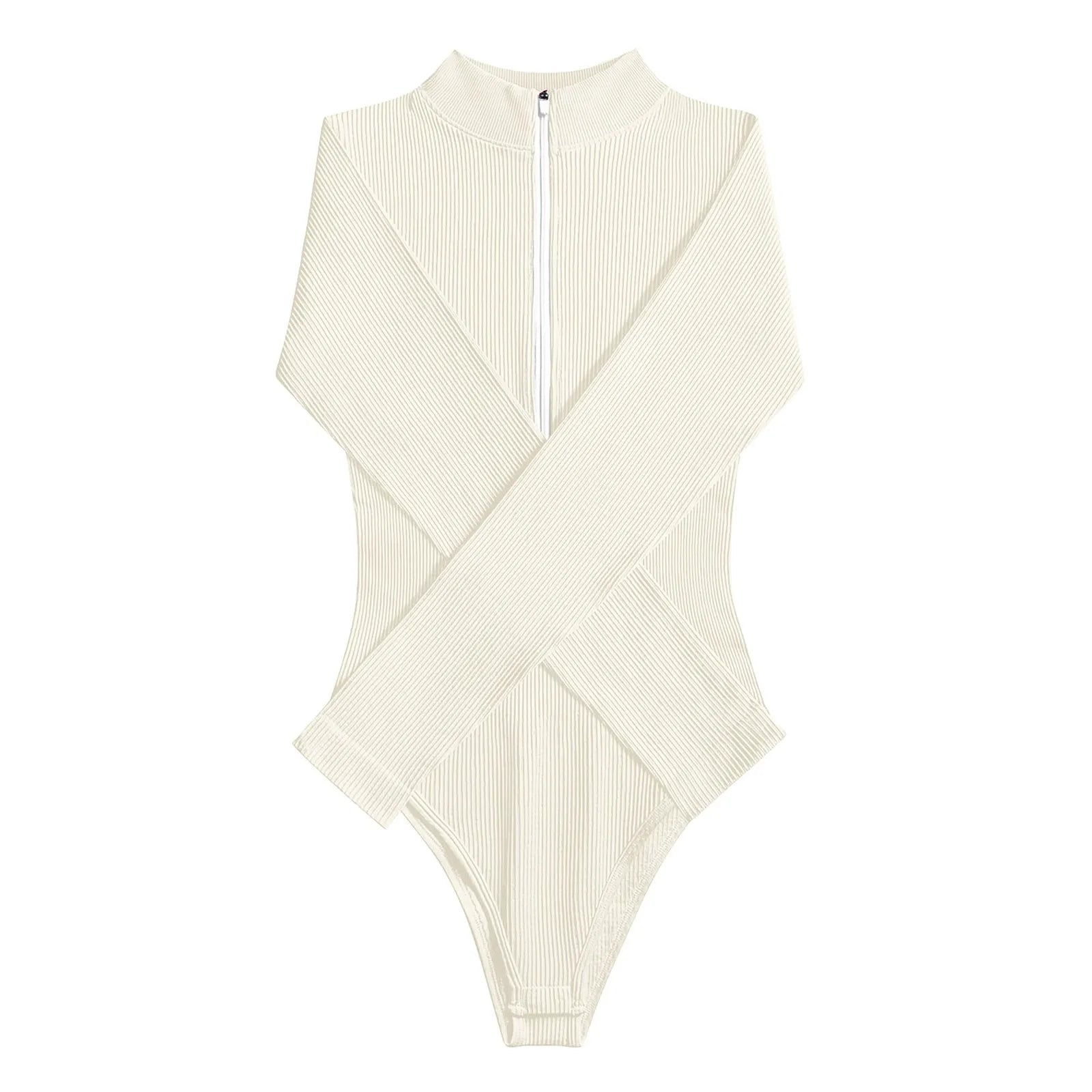 Women Ribbed One-Piece Bodysuits Half Zip Up Stand Collar Y2k Tops Bottoming Undershirts Slimming Long Sleeve Jumpsuits Tops