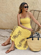 Cream Embroidered Leaf Pattern Spaghetti Strap Midi Dress Summer Casual Beach