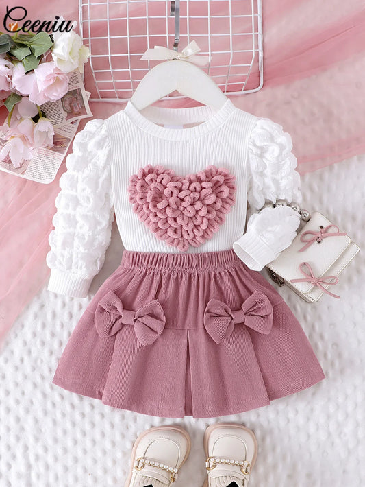 Baby Girl Outfit 0-3Y Pink Heart & Rose 3pcs Set High Neck Top Bow Skirt Hat Toddler Clothing Ensemble for Girls