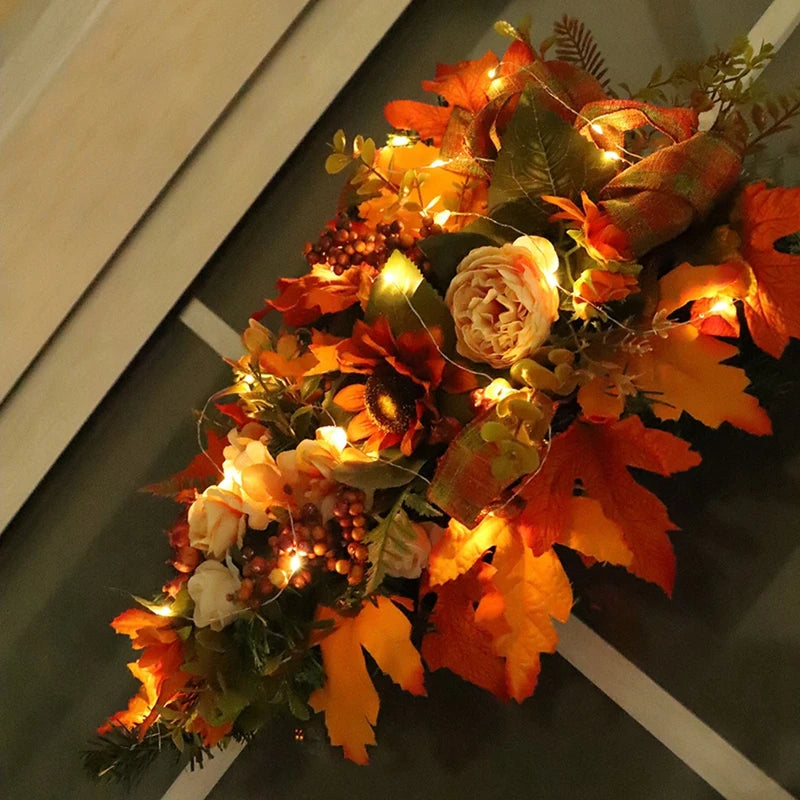 Thanksgiving Door Decorations Fall Wreath Artificial Garland With Peony Berries Maple Sunflower Leaves Harvest Party Pendant