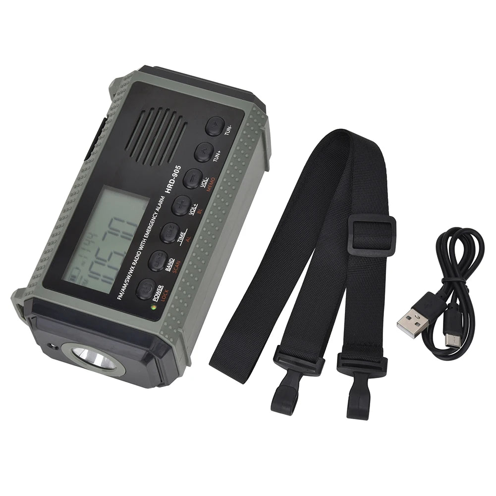 Small Rechargeable Portable Radio Solar Powered Emergency Power Bank survival with LED Flashlight USBC Charging Hand Crank Radio
