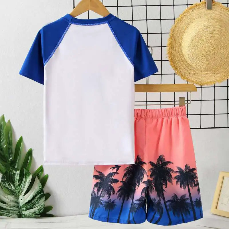 Children Sports Suits Summer Short Sleeve Beach Clothing Set Boy Printing Breathable Kids Short Sleeve Top +Beach Pants