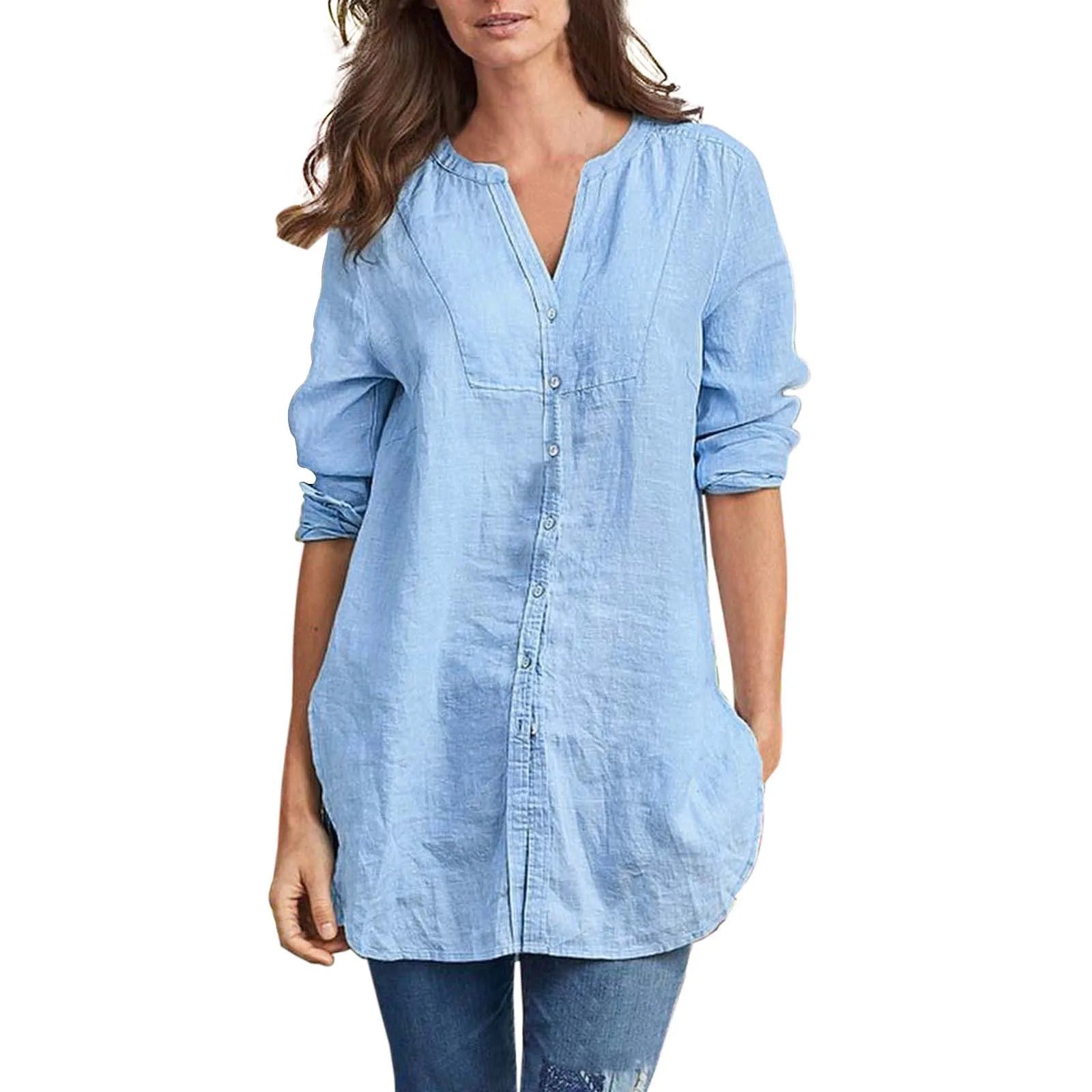 Summer Blouses For Women Dressy Casual Women'S Solid Color Cotton Linen Longline Shirt Cardigan Blusas Elegantes Para Mujer 2025