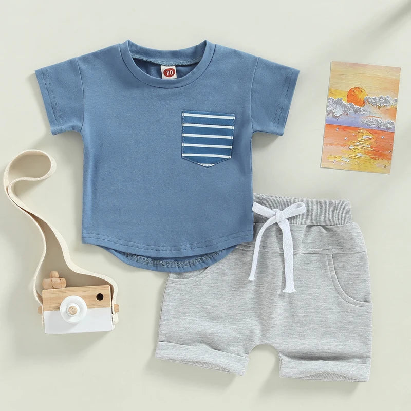 2023-01-10 Lioraitiin 0-3Years Baby Boys 2Pcs Shorts Set Short Sleeve Crew Neck Stripes T-shirt with Elastic Waist Shorts