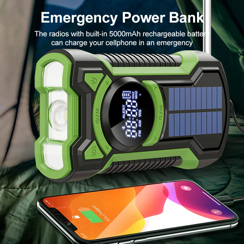 Solar Emergency Weather Radio 5000mAh Hand Crank AM/FM/NOAA Portable Emergency Radio Bluetooth5.3 SOS Alarm for Outdoor Survival