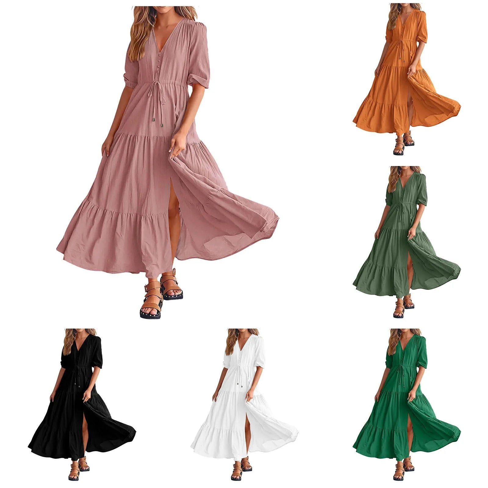 Women Button Drawstring Maxi Dresses Summer Lantern Sleeve Solid Color Boho Long Dresses Sexy A Line Tierred Large Swing Dress