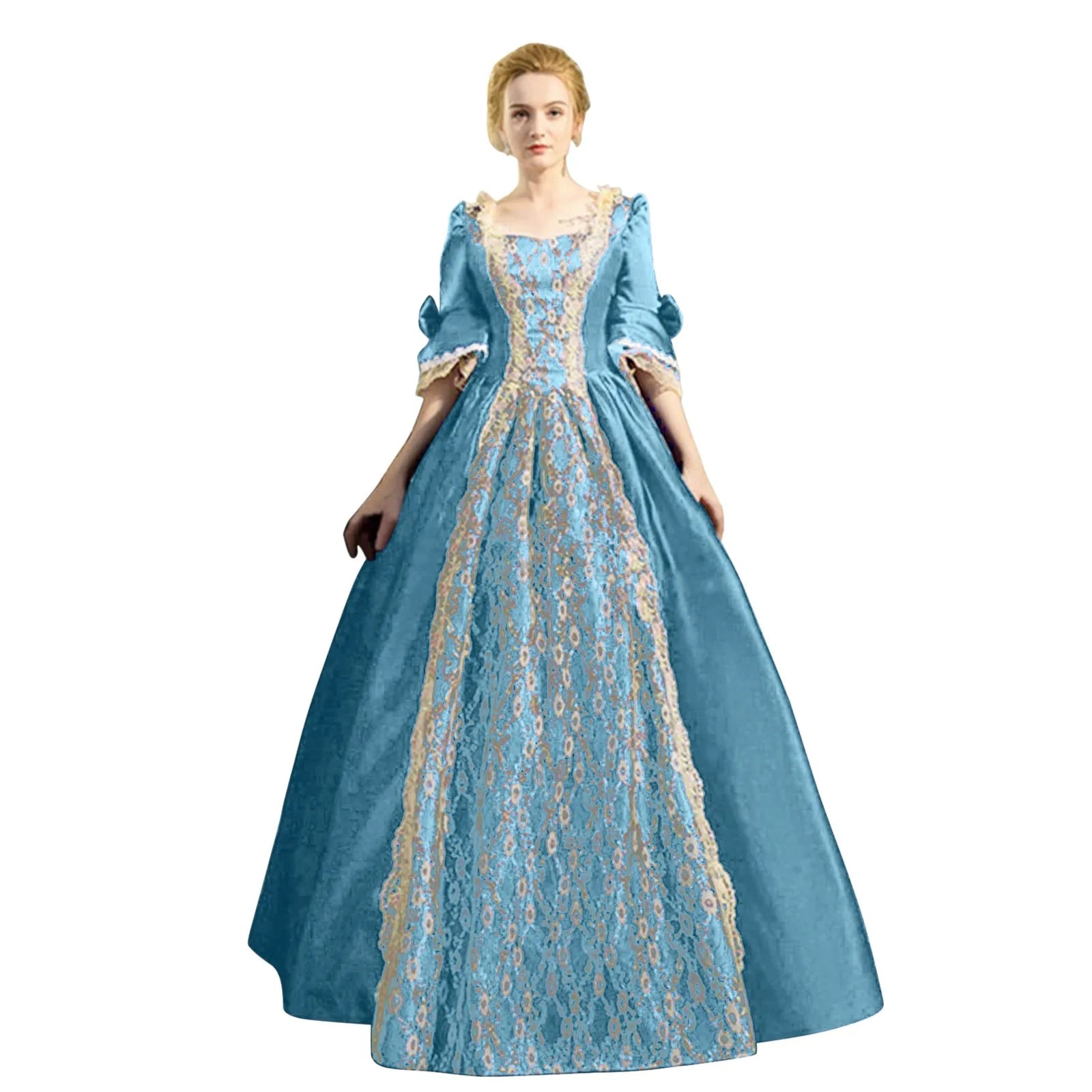 18th Century Medieval Dress Women High Waist Half Sleeve Ball Gown Princess Lace Patchwork Satin Dress Queen Renaissance Costume