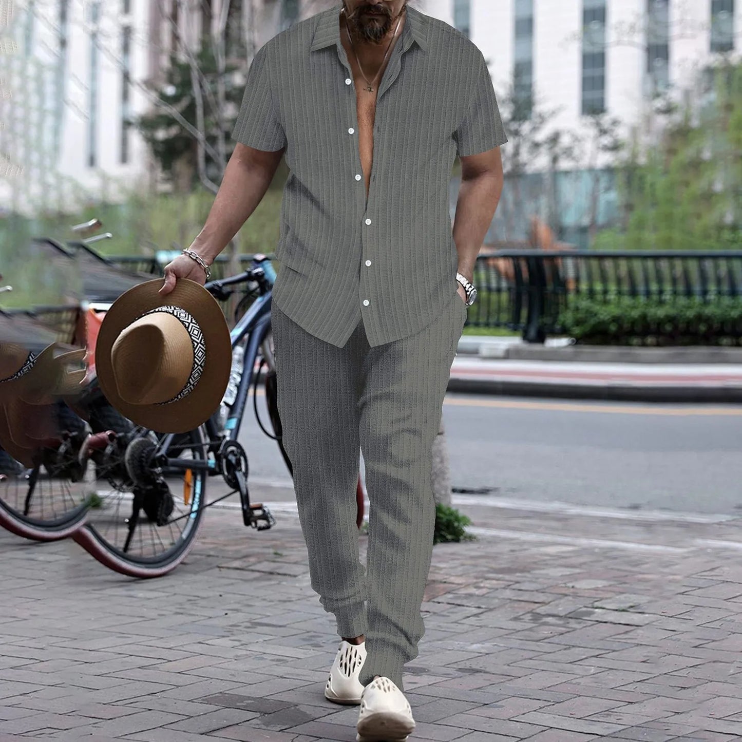 Mens Shirt Casual Short Sleeve Cardigan Blouse Top Pants Beach Suit Summer Two Piece Set Fashion Clothing For Man Ropa Hombre