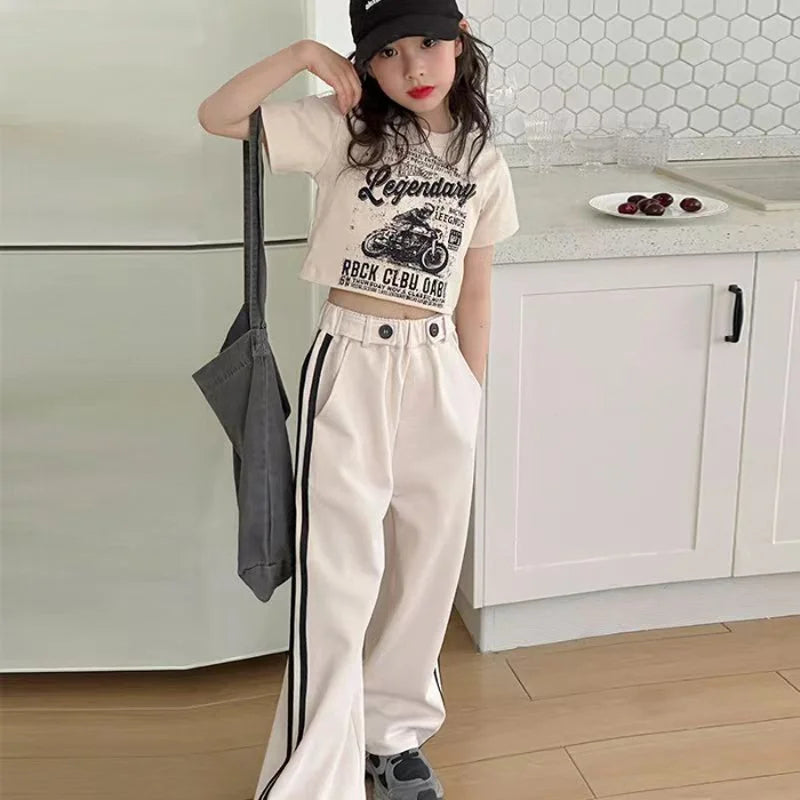 Girls' summer casual suit, new children's fashionable T-shirt, casual pants, summer dress, foreign short-sleeved two-piece set,