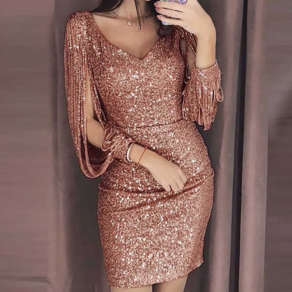 Women Bodycon Prom Dresses Elegant Sequined Tassels Long Sleeve Evening Dresses Solid Color Wrap Evening Party Dresses For Women