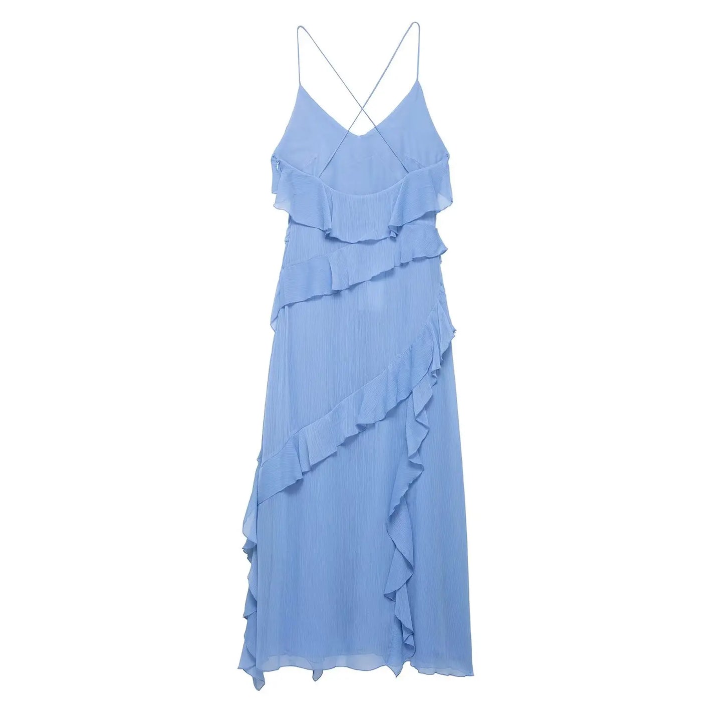 TRAFZA Woman Elegant Chic Zipper Beach Party Dress Summer Women Sexy V-Neck Sleeveless Backless Wrinkles Decorate Midi Dress