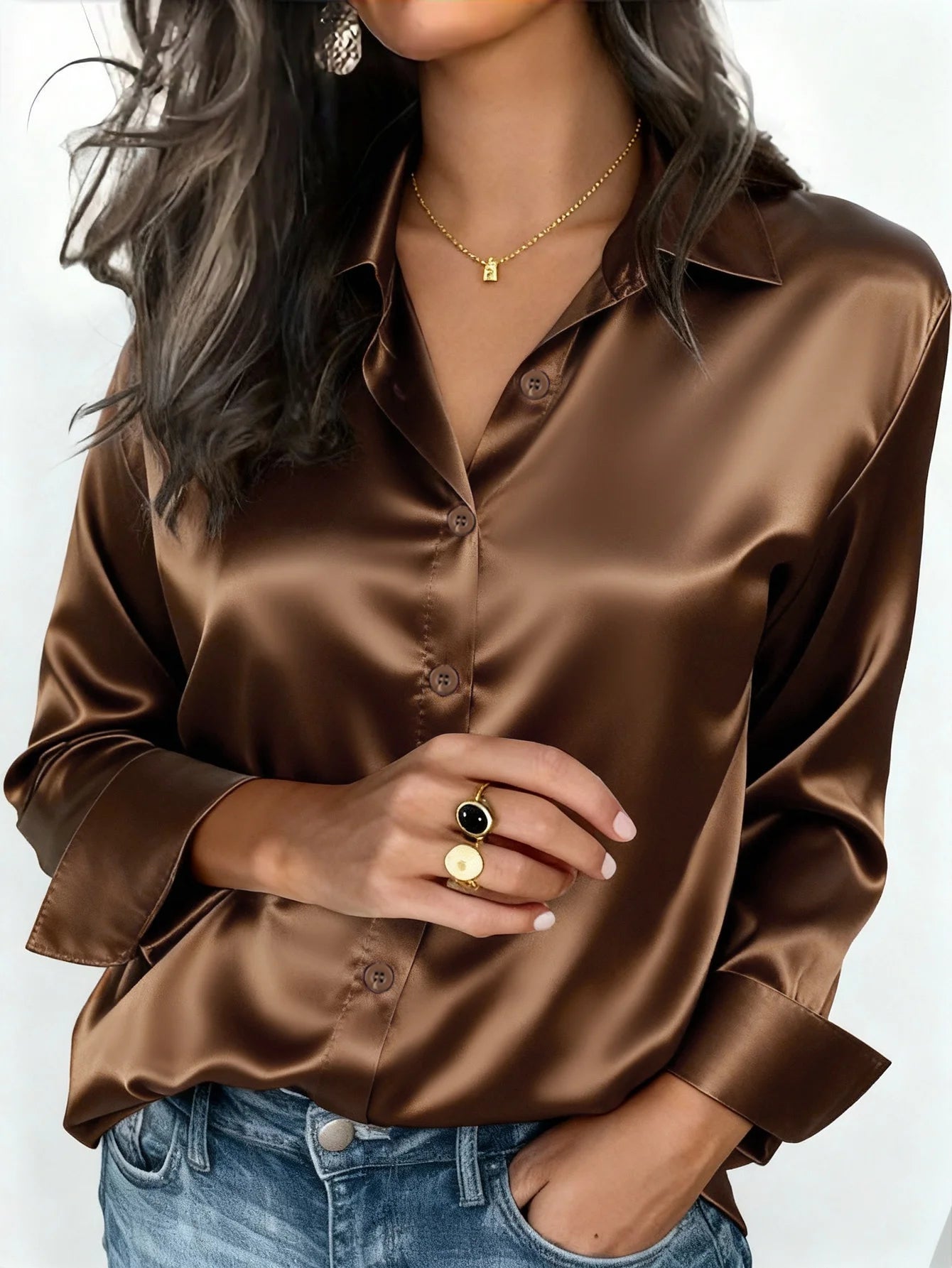 Women's Satin Button-Up Blouse, Elegant Collared Shirt for Office or Casual Wear, Autumn Winter Spring