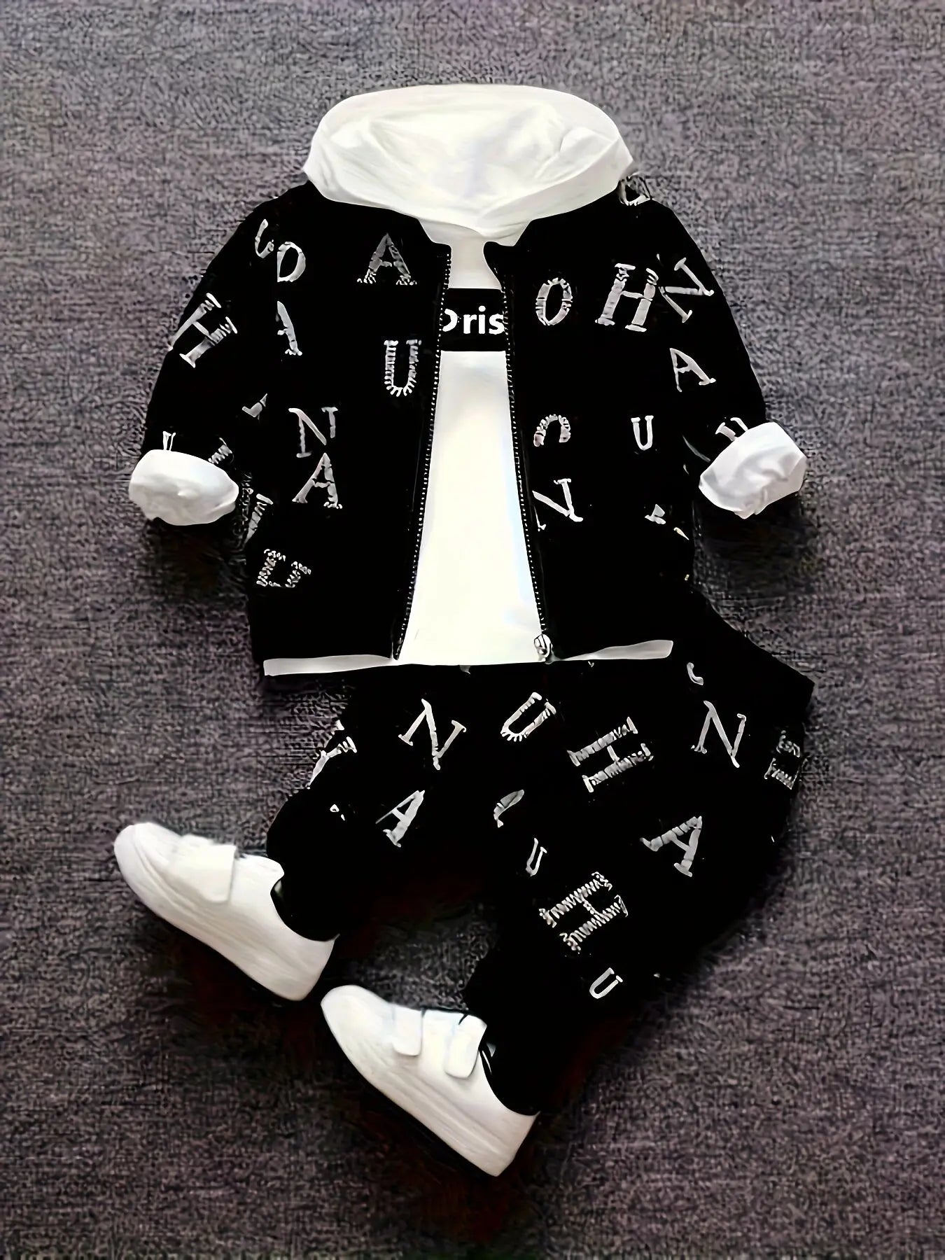 Spring and autumn boys' new fashion trend all over letter jacket Hooded Sweater boys' pants three piece set
