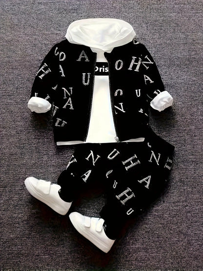 Spring and autumn boys' new fashion trend all over letter jacket Hooded Sweater boys' pants three piece set