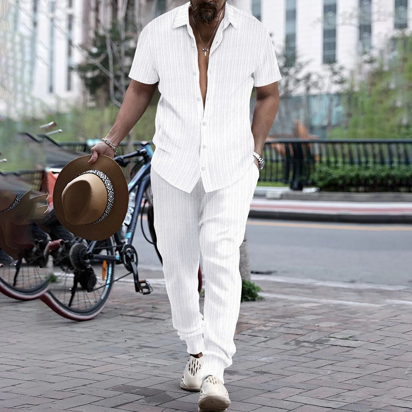 Mens Shirt Casual Short Sleeve Cardigan Blouse Top Pants Beach Suit Summer Two Piece Set Fashion Clothing For Man Ropa Hombre