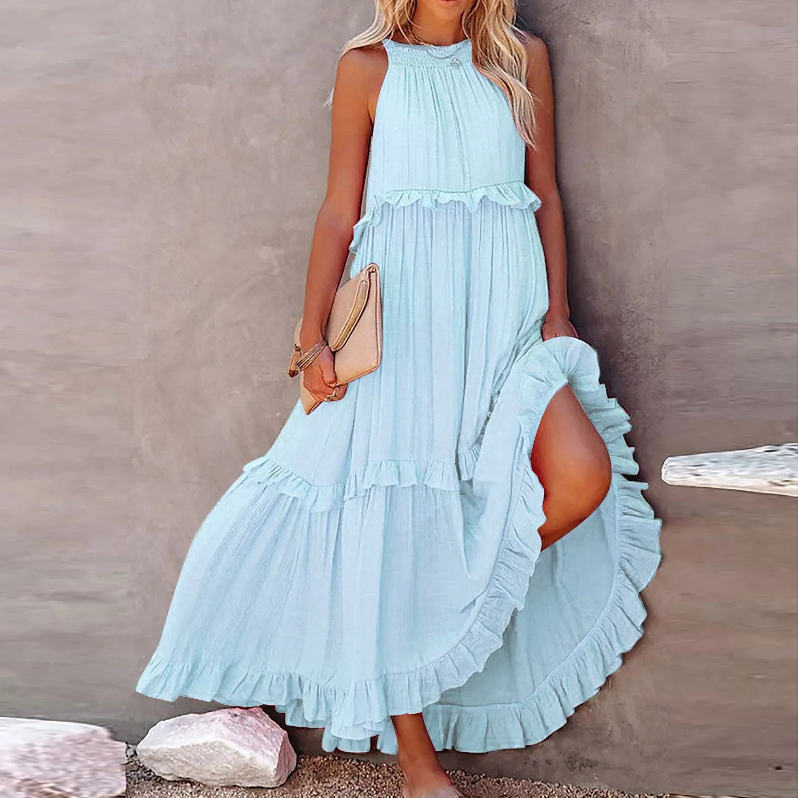Women Casual Ruffles Long Dress Summer Elegant Sleeveless Sundress Elegant Harajuku Maxi Dress Beach Party Evening Vestidos