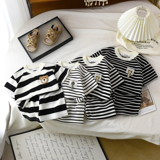 Children Boys Short Sleeves Suit Summer Stripe Kid Boy Outfit Infant Baby Boys Top+cotton Shorts Tracksuits Toddler Girl Clothes