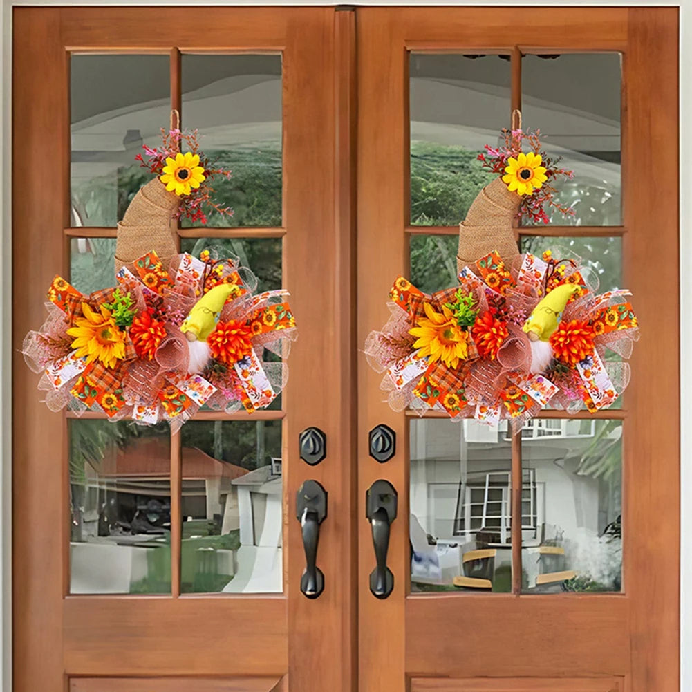 Hat Patterned Thanksgiving Halloween Autumn Mesh Doll Wreath Door Hanging Simulation Sunflower Decoration Prop