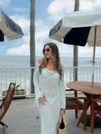Women s Long  Fit Dress Long Sleeve V Neck Tie Up Knitted Crochet Beach Dresses