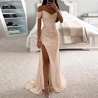 Women's Off Shoulder Prom Dresses Sexy Sequins Sleeveless Solid Floor Length Dress Elegant Bridesmaid Evening Dress Prom Gowns