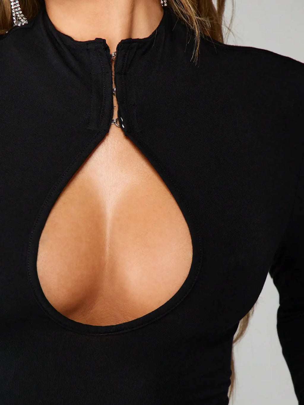 Black Long Sleeve Cut-Out Chest Mock Neck Bodycon Mini Dress