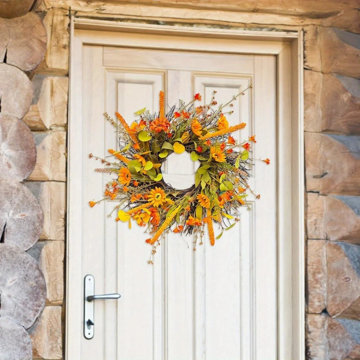 17.7" Fall Wreath for Front Door Orange Farmhouse Harvest Sunflower Wreath with Daisy Flowers Thanksgiving Wreath for Front Door