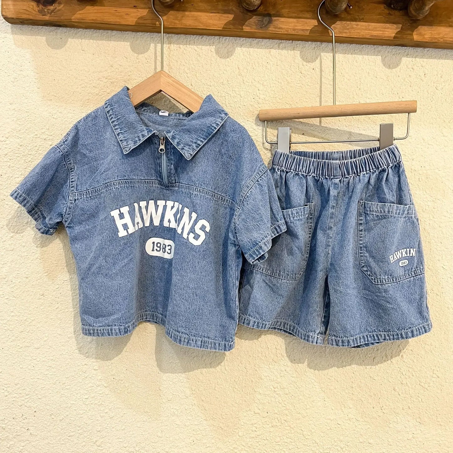 5816C Children's Clothing Set Denim Suit Summer Casual Boy's Denim Suit Letter Print Top+ Shorts Casual Two-piece Suit