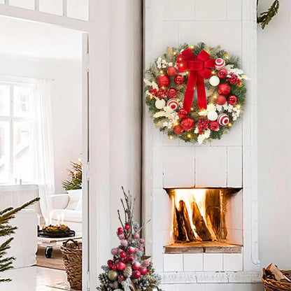 24 In Pre-Lit Christmas Wreath Battery Operated Lighted Xmas Door Wreath With Ball Ornaments For Christmas Door Fireplace Decor