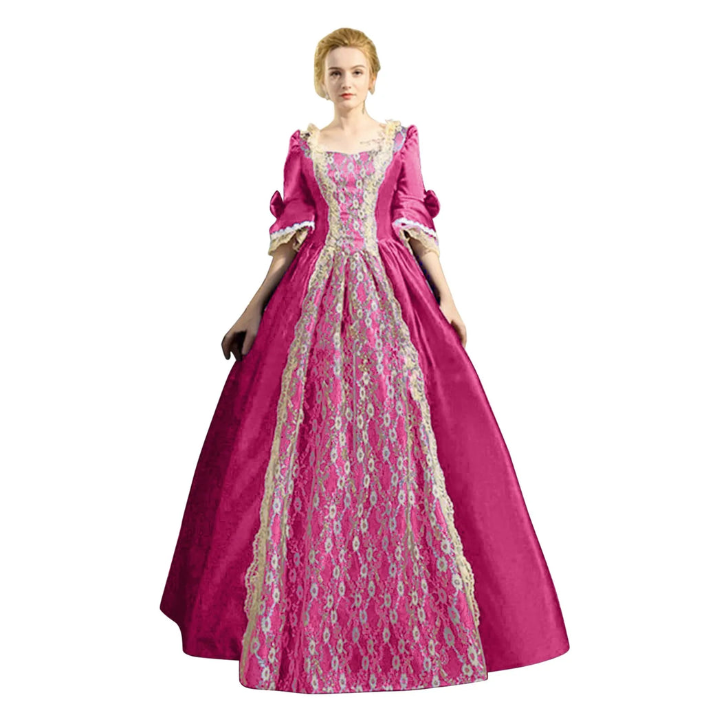 18th Century Medieval Dress Women High Waist Half Sleeve Ball Gown Princess Lace Patchwork Satin Dress Queen Renaissance Costume