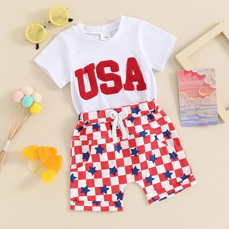 Pudcoco 4th of July Toddler Boy Outfits Fuzzy Letter Embroidery T-Shirt Stars Patrtern Checkerboard Shorts 2Pcs Clothes Set 0-3T