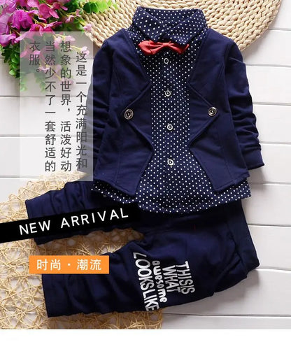 Autumn toddler boy polka dot V-neck bow tie shirt+suit jacket+letter printed trousers 3Pcs suit