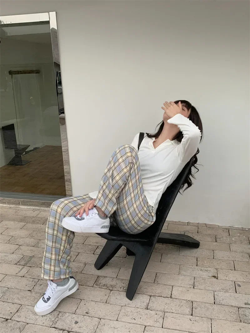 2025 Fashion Warm Plush Pants Cashmere Thick Plaid Ladies Winter Casual Loose Wide-legged Pants Korean Streetwear Students