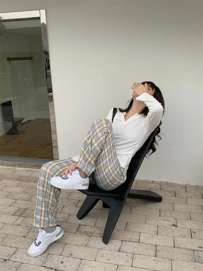 2025 Fashion Warm Plush Pants Cashmere Thick Plaid Ladies Winter Casual Loose Wide-legged Pants Korean Streetwear Students