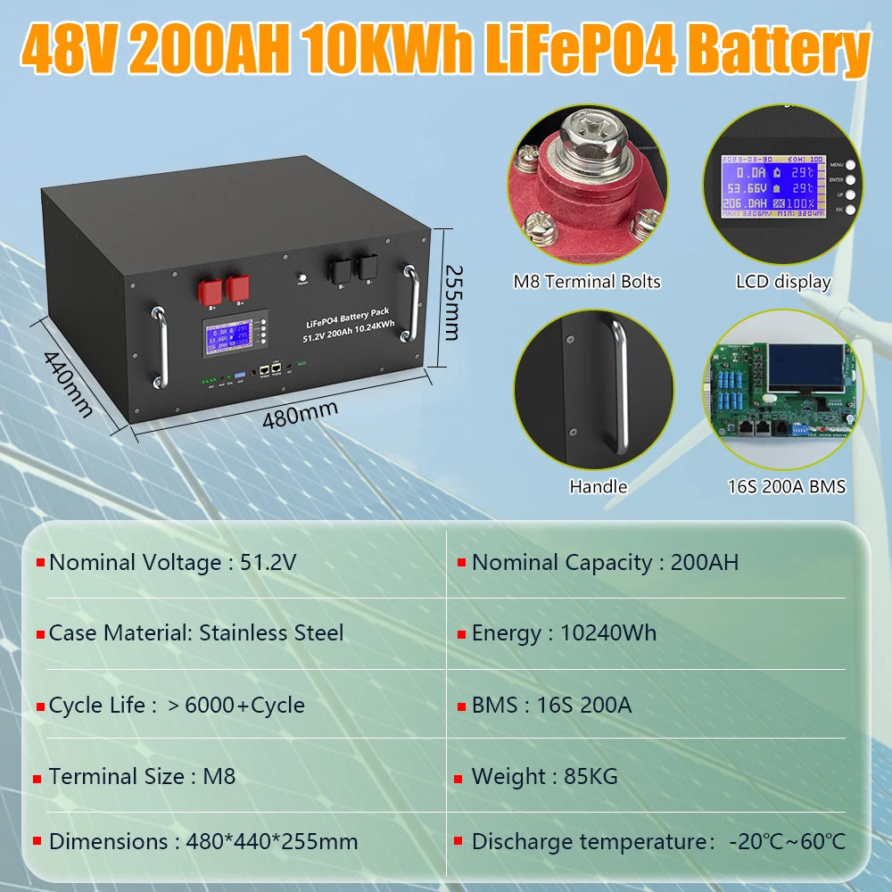 EU PL Stock 48V 300Ah LiFePO4 Battery Pack 15Kwh 100Ah 120Ah 200Ah 150Ah 6000+ Cycles Built-in BMS RS485 CAN Home Energy Storage