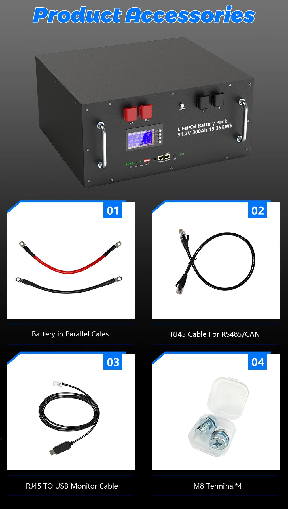 EU PL Stock 48V 300Ah LiFePO4 Battery Pack 15Kwh 100Ah 120Ah 200Ah 150Ah 6000+ Cycles Built-in BMS RS485 CAN Home Energy Storage