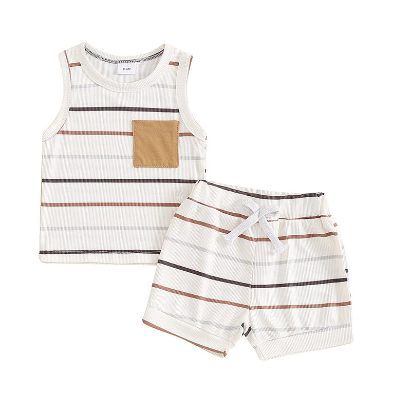 2024-03-13 lioraitiin Toddler Baby Boy Ribbed Outfits Striped Sleeveless Round Neck Tank Tops + Elastic Waist Shorts Summer Set