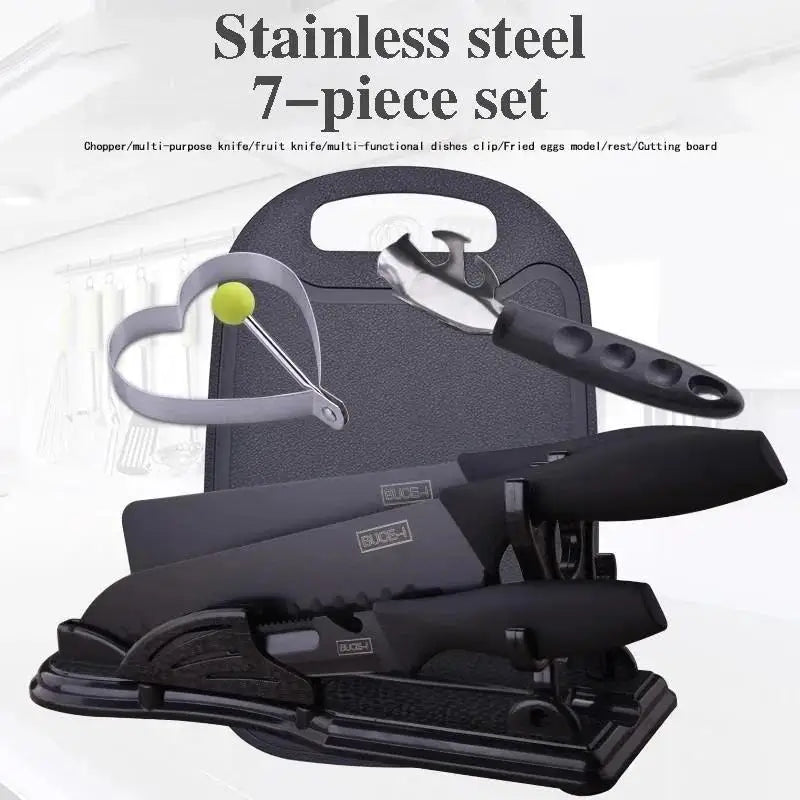 5/7-Piece Black Kitchen Knife Set - Professional Chef Knife, Fruit Knife, Meat Cleaver, Cutting Board, Heart-Shaped Egg Mold