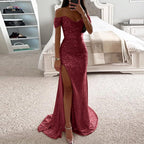 Women's Off Shoulder Prom Dresses Sexy Sequins Sleeveless Solid Floor Length Dress Elegant Bridesmaid Evening Dress Prom Gowns