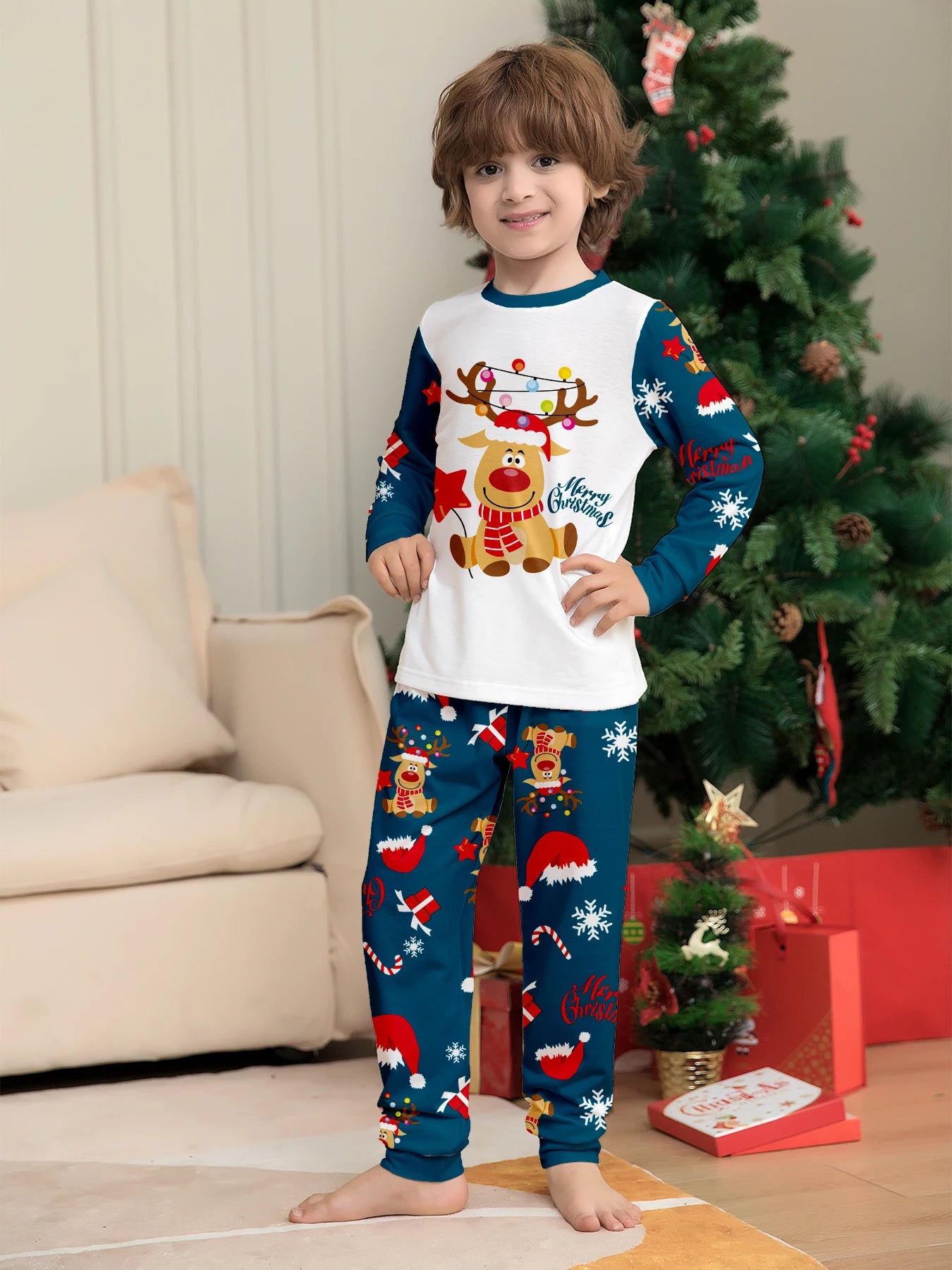 Christmas Family Pajamas: Matching White & Navy Set with Reindeer & Lights Prints