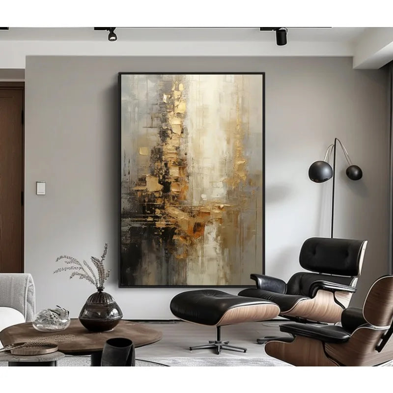 100% Hand Painted，Gold, Grey, Beige, Black ,Textured Painting, Acrylic Abstract Oil Painting, Wall Decor Living Room, Office Wal