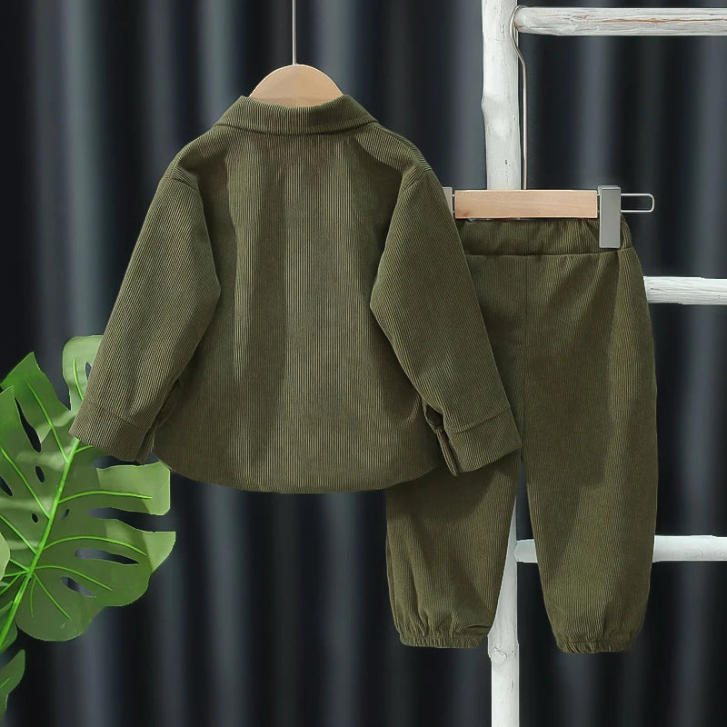 New boys' spring and autumn fashion trend letter printed corduroy jacket with round neck and three piece set of boys' pants