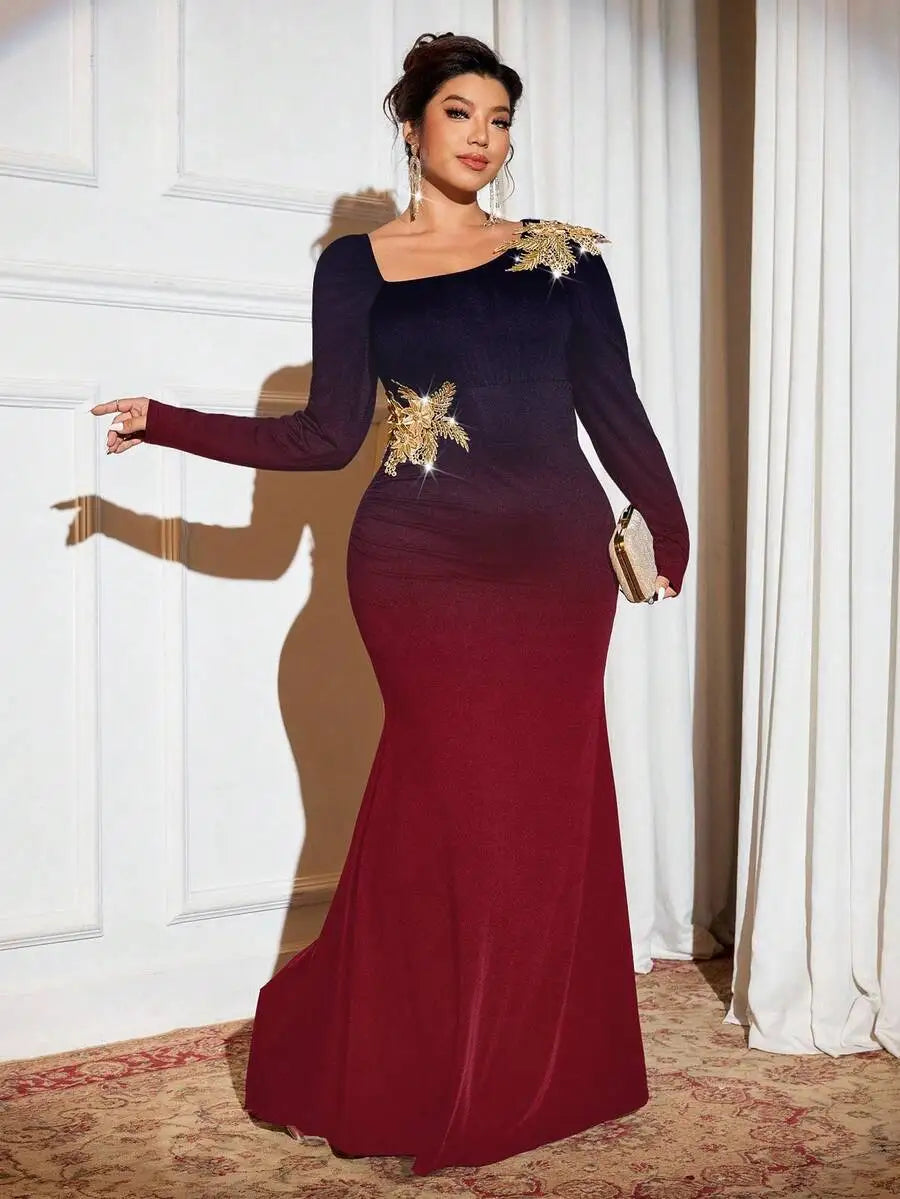 Elegant Plus Size Black Long Sleeve Evening Dress with Gold Floral Embellishments