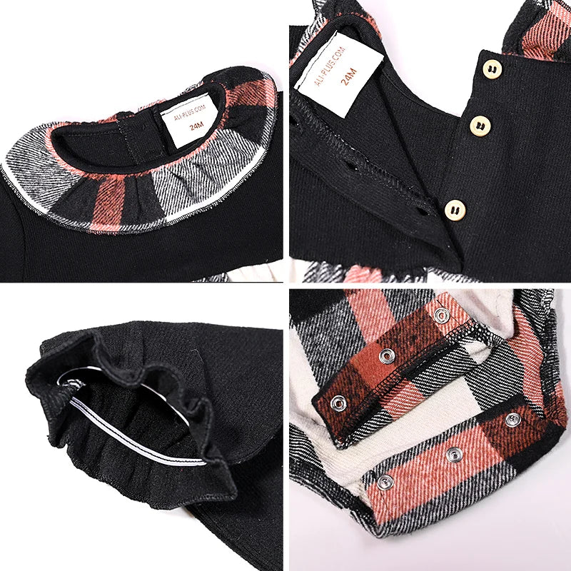 Ali-Plus family clothes set black cotton Mousse cashme plaid girl dress vest shirt black mock neck top plaid for autumn children