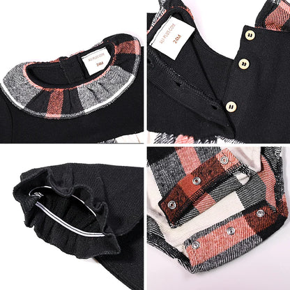 Ali-Plus family clothes set black cotton Mousse cashme plaid girl dress vest shirt black mock neck top plaid for autumn children